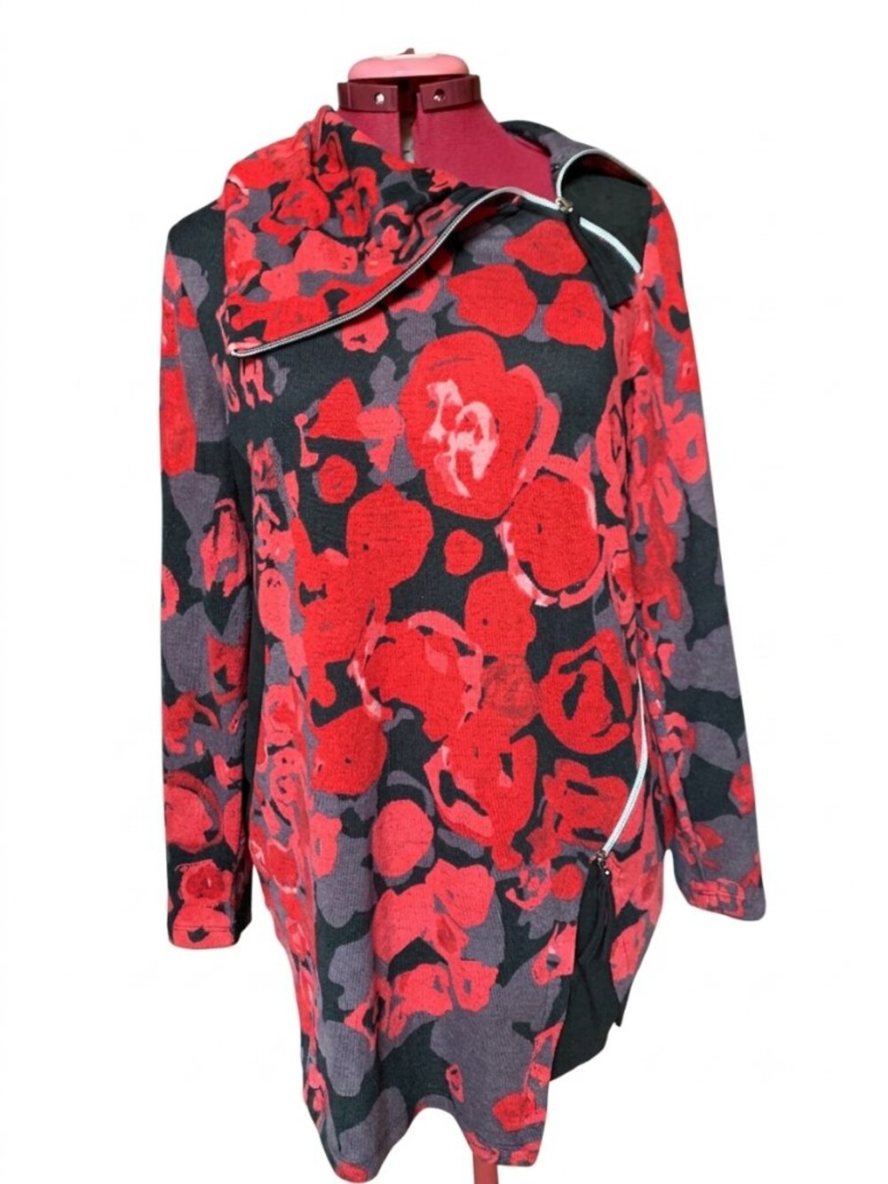 Marie Claire Boutiques Floral Asymmetrical Zip Tunic Sweater – Size Large